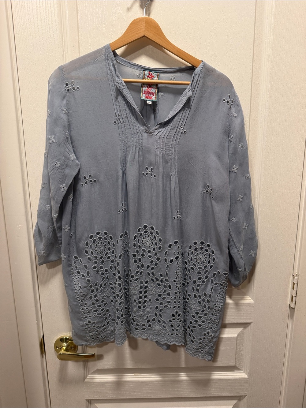 Johnny Was Dusty Blue Eyelet Embroidered Tunic